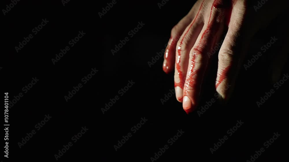 Close-up of a hand dripping blood against a dark background, creating a dramatic and emotional mood in the image