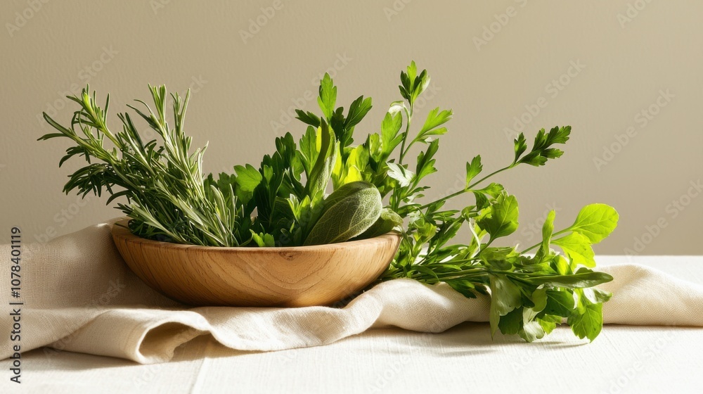 Fototapeta premium Artfully arranged fresh herbs create a serene culinary display