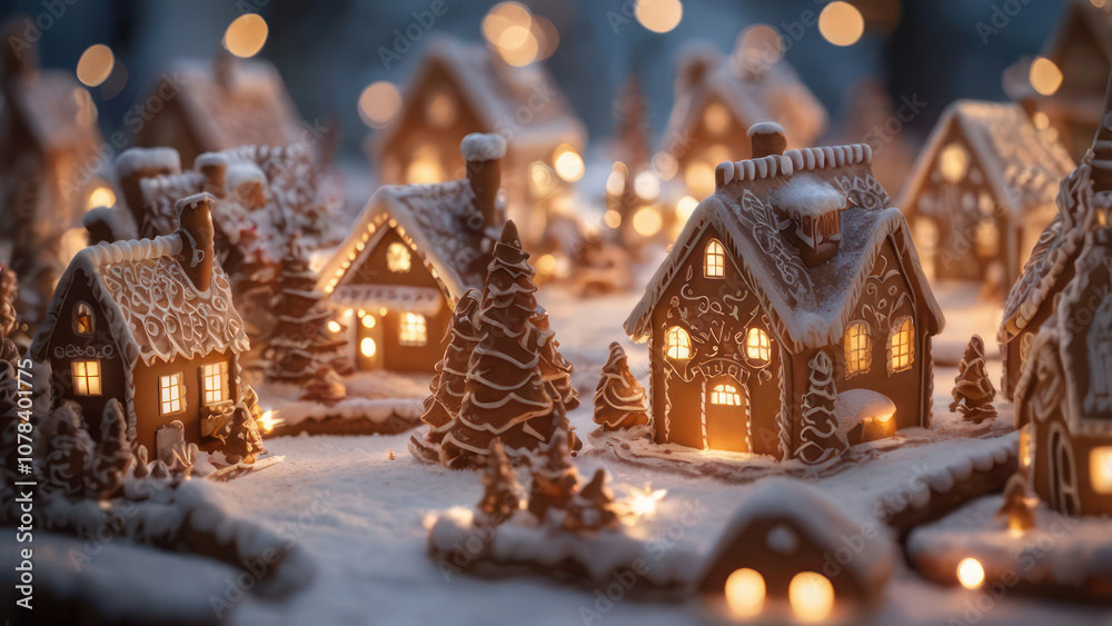 A charming setup featuring a small village of decorated gingerbread houses with intricate icing details. A charming setup featuring a small village of decorated gingerbread houses with intricate icing details.