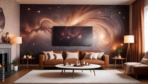 Scandinavian living room interior design zoom background,Doodle Galaxy patterned wallpaper graphics
