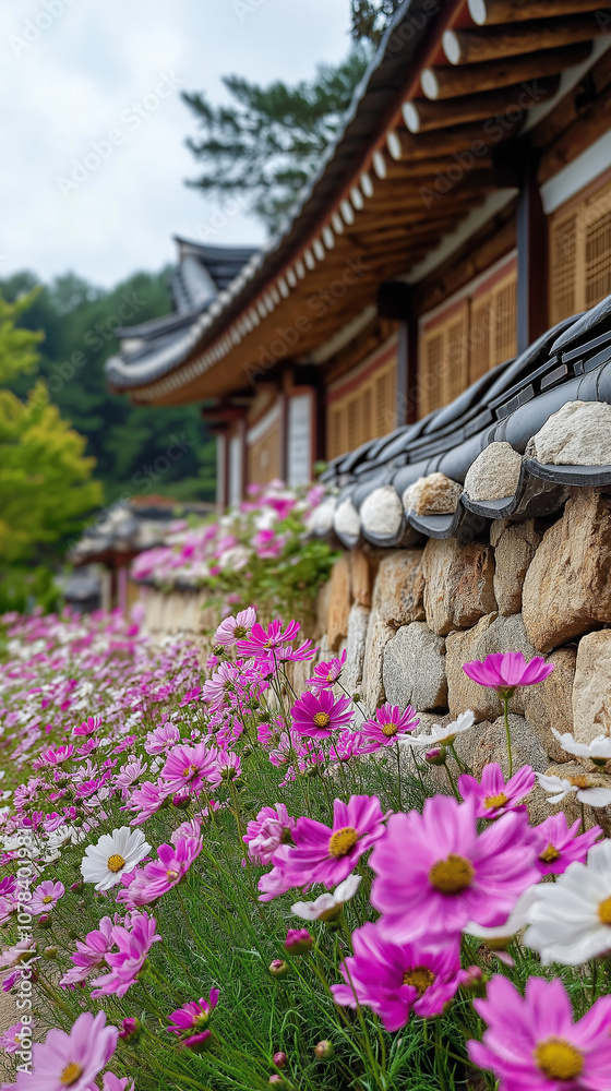 Traditional Korean house, path, stone wall in traditional style, korean temple in the morning Traditional Korean house, path, stone wall in traditional style, korean temple in the morning