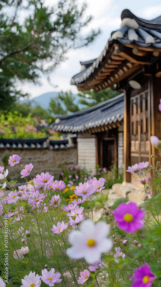 Traditional Korean house, path, stone wall in traditional style, korean temple in the morning Traditional Korean house, path, stone wall in traditional style, korean temple in the morning