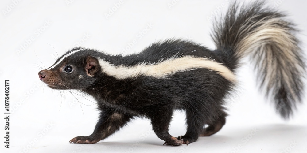Adorable Young Skunk with High Tail on a Transparent Background, Captivating Tilt-Shift Photography of Mephitis Mephitis, Perfect for Nature and Wildlife Themes Adorable Young Skunk with High Tail on a Transparent Background, Captivating Tilt-Shift Photography of Mephitis Mephitis, Perfect for Nature and Wildlife Themes