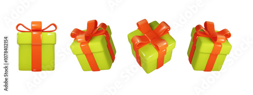 Christmas box green with red ribbon in different projections isolated. Realistic vector Festive, holiday, Christmas 3d present PNG