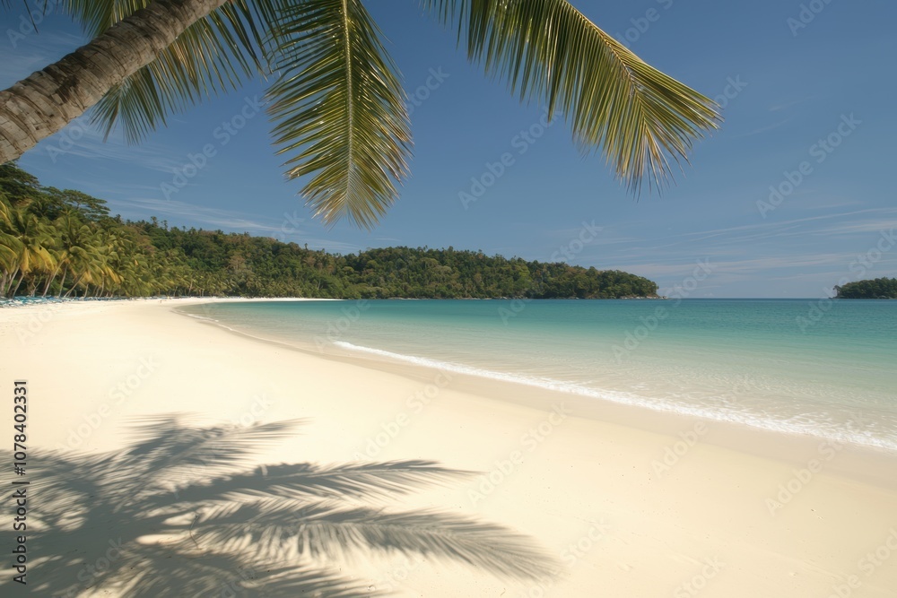 A tropical beach with palm trees leaning over white sand and clear water A tropical beach with palm trees leaning over white sand and clear water