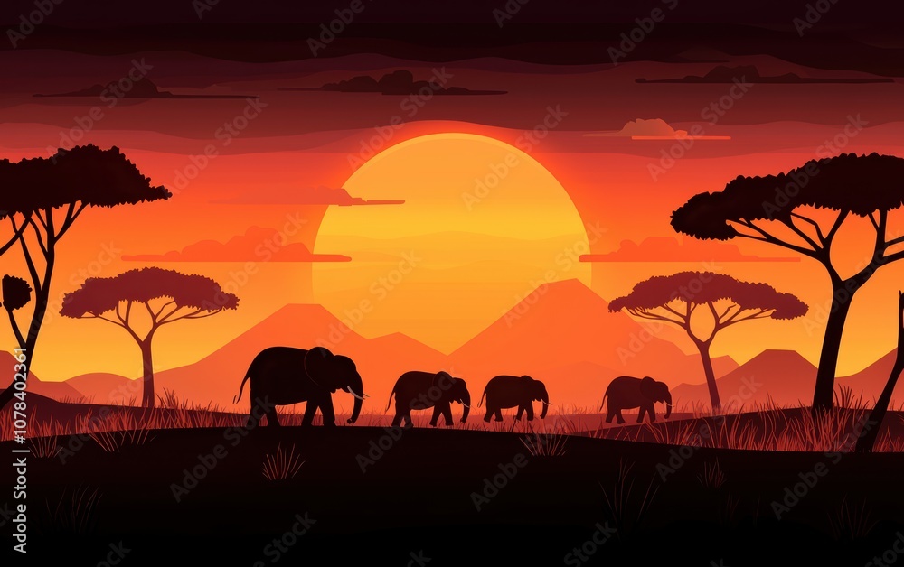 A vast savannah with herds of elephants silhouetted against the setting sun A vast savannah with herds of elephants silhouetted against the setting sun