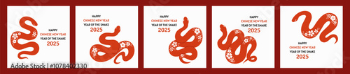 Set of Chinese new year 2025 banners with snake and flowers. Hand drawn vector illustration.