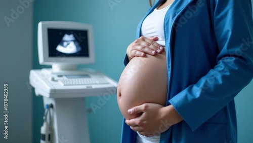 A pregnant woman is being examined in a clinic.