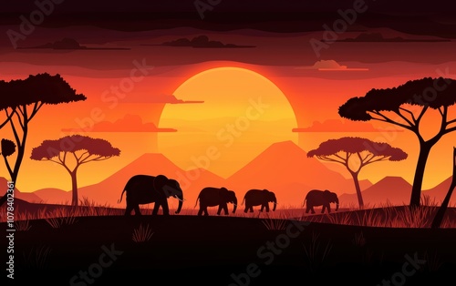 A vast savannah with herds of elephants silhouetted against the setting sun