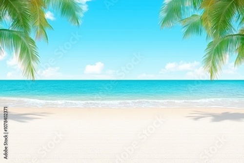 A tropical beach with palm trees leaning over white sand and clear water