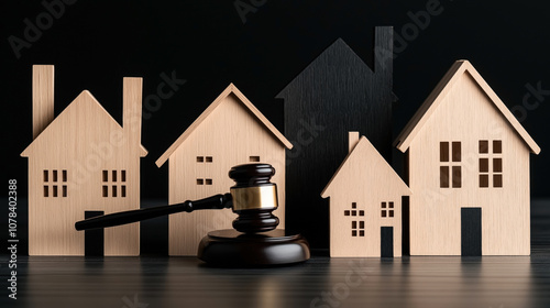 Wooden house models with a judge's gavel on a dark background, symbolizing real estate law or legal proceedings related to property. photo