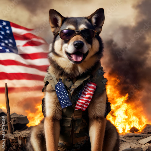 Heroic Dog Wearing Military Vest with American Flags in War Zone Setting, Patriotic Symbol of Canine Valor, Explosive Battlefield Background for Army, Police, and Military-Themed Projects photo