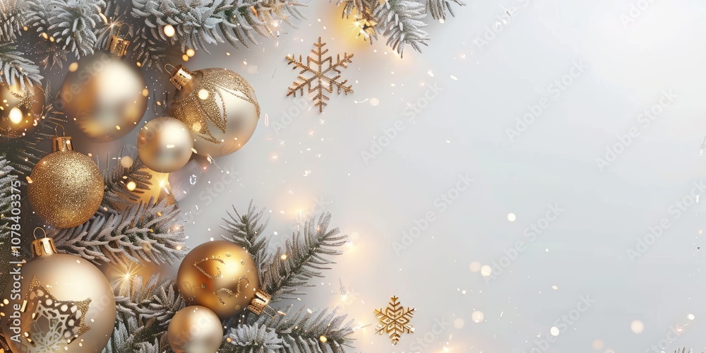 Elegant Christmas Border with Gold Ornaments, Snowflakes, and Twinkling Lights Elegant Christmas Border with Gold Ornaments, Snowflakes, and Twinkling Lights