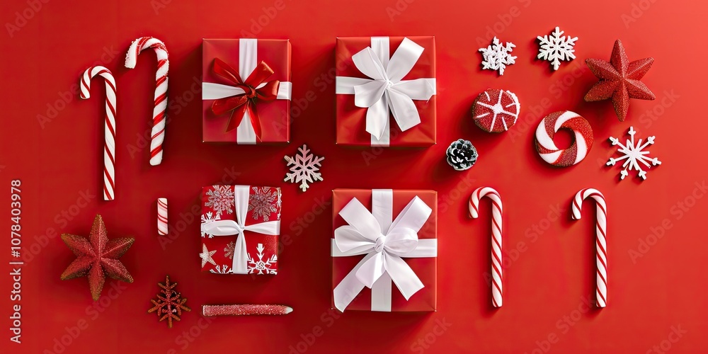 Flat lay of festive Christmas gift boxes with red wrapping, white ribbon, candy canes, and decorative stars and snowflakes on a vibrant red background. Flat lay of festive Christmas gift boxes with red wrapping, white ribbon, candy canes, and decorative stars and snowflakes on a vibrant red background.