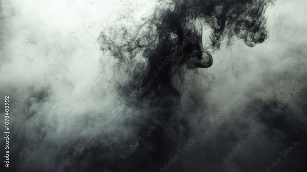 Dense black smoke billowing upwards, soft and shadowy texture, isolated on a light background Dense black smoke billowing upwards, soft and shadowy texture, isolated on a light background