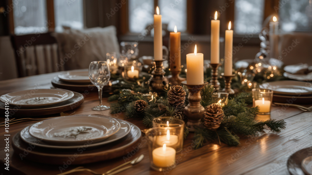 Naklejka premium festive dining table beautifully arranged with pine branches, golden candles, pine cones
