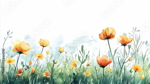 Watercolor painting of yellow and orange wildflowers blooming in a field.