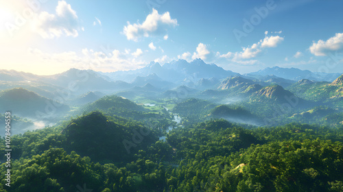 Majestic Mountain Vista with Lush Forests and Serene Horizon under Golden Sunlight