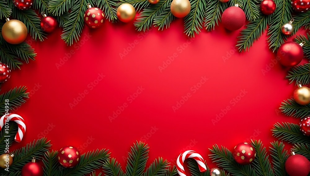 Merry Christmas and happy New Year background, Christmas decorations, festive border, red background, pine branches, ornaments, gold and red baubles Merry Christmas and happy New Year background, Christmas decorations, festive border, red background, pine branches, ornaments, gold and red baubles