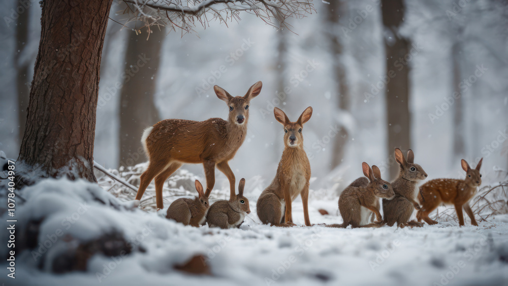 A whimsical scene of forest animals like deer, rabbits gathered around a snow-covered tree decorated with natural ornaments. A whimsical scene of forest animals like deer, rabbits gathered around a snow-covered tree decorated with natural ornaments.