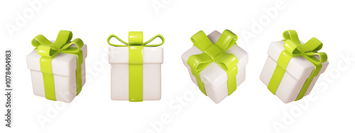 Christmas box with green ribbon in different projections isolated. Realistic vector Festive, holiday, Christmas 3d present PNG