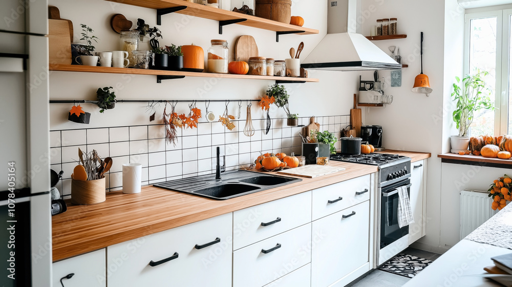 Modern kitchen with white cabinets and wooden countertop decorated with pumpkins and autumn leaves, featuring open shelves, plants, and cookware under natural light from a window. Modern kitchen with white cabinets and wooden countertop decorated with pumpkins and autumn leaves, featuring open shelves, plants, and cookware under natural light from a window.