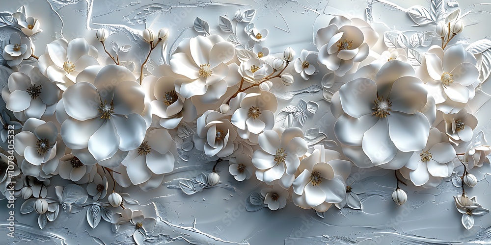Fototapeta premium 3d illustration, white flowers on a gray background, digital painting