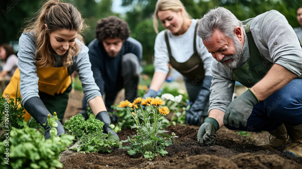 Group of diverse people gardening together, planting flowers and plants in soil in an outdoor community garden setting