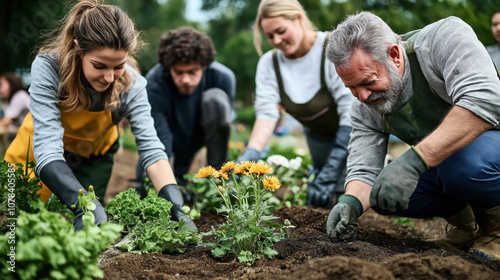 Obraz na płótnie Group of diverse people gardening together, planting flowers and plants in soil in an outdoor community garden setting w salonie
