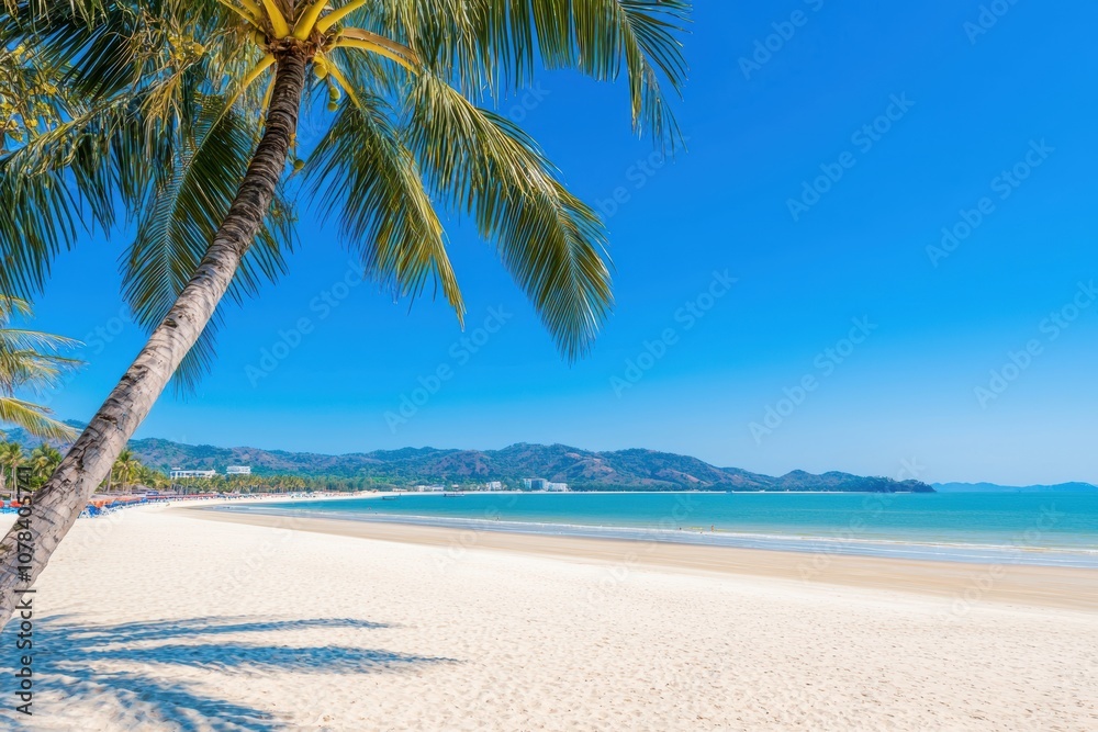 Obraz premium A tropical beach with palm trees leaning over white sand and clear water