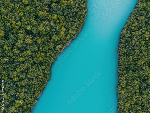 A tranquil river winding through a dense rainforest