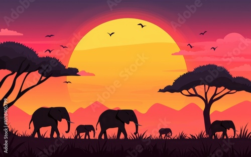 A vast savannah with herds of elephants silhouetted against the setting sun