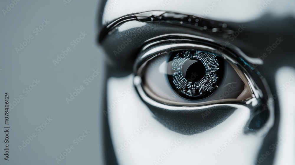 Robotic eye reflects market shifts; real-time data; surveillance theme Use a grayscale palette Robotic eye reflects market shifts; real-time data; surveillance theme Use a grayscale palette