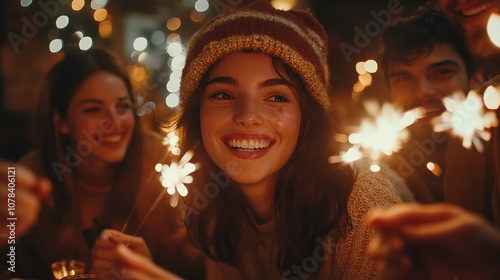 A group of friends celebrate with sparklers, smiling and laughing together.