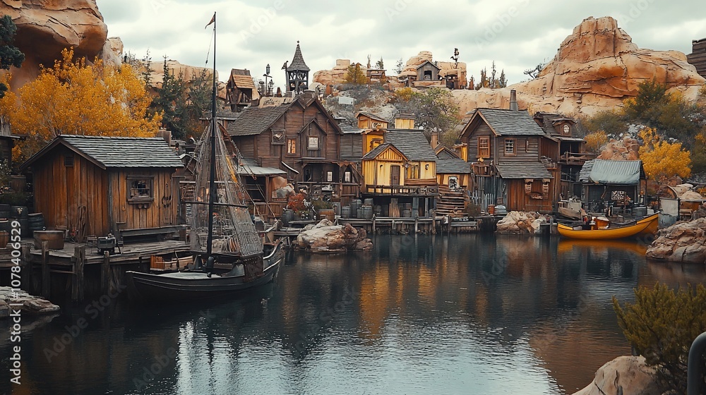 Fototapeta premium A picturesque village with wooden houses, a sailboat, and a calm lake in the foreground.