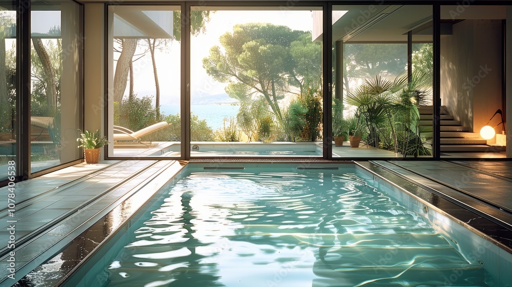 Obraz premium Modern indoor pool with big glass windows and slide door front a house terrace.