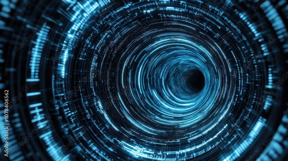 Fototapeta premium Abstract digital tunnel with glowing blue lines and black background.