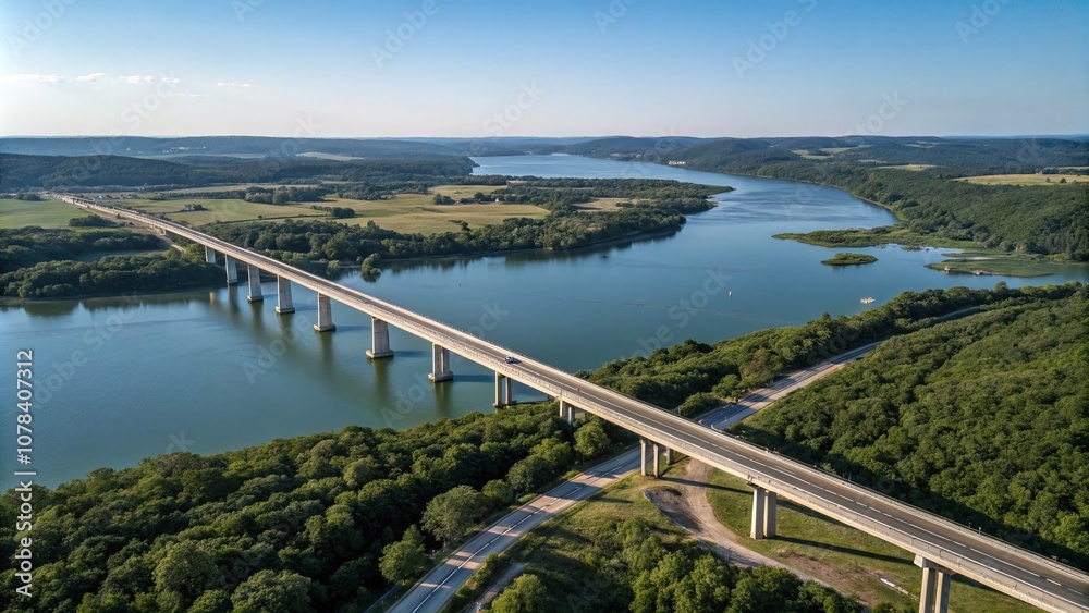 Aerial View of a Modern Bridge Spanning a River with Lush Greenery Surrounding It, Perfect for Nature Lovers and Architecture Enthusiasts, Ideal for Travel and Landscape Photography Aerial View of a Modern Bridge Spanning a River with Lush Greenery Surrounding It, Perfect for Nature Lovers and Architecture Enthusiasts, Ideal for Travel and Landscape Photography