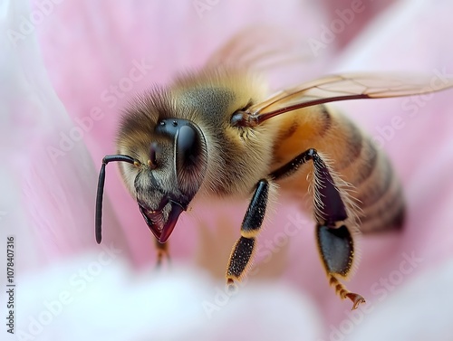 Macro shot of a common honeybee and a rare black bee collecting pollen on flowers, showcasing detailed textures and colors, ideal for nature and wildlife themes photo