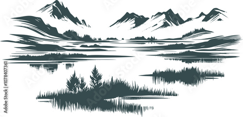 Vector landscape with mountain cliffs and lake in minimalist style