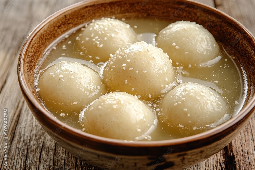 A bowl of large sesame glutinous rice dumplings in sweet syrup on a wooden table for the Winter Solstice celebration A bowl of large sesame glutinous rice dumplings in sweet syrup on a wooden table for the Winter Solstice celebration