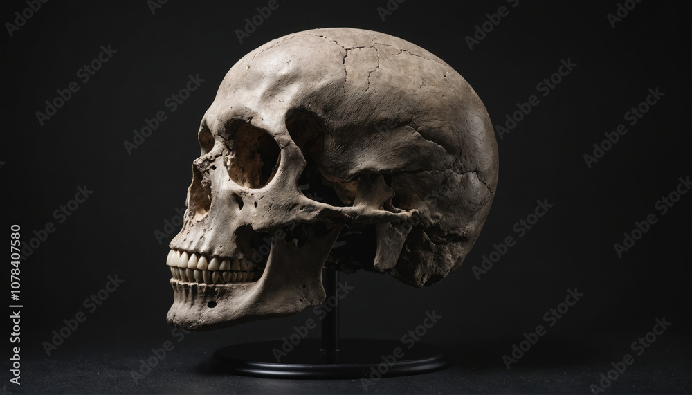 A human skull sits on a stand against a dark background