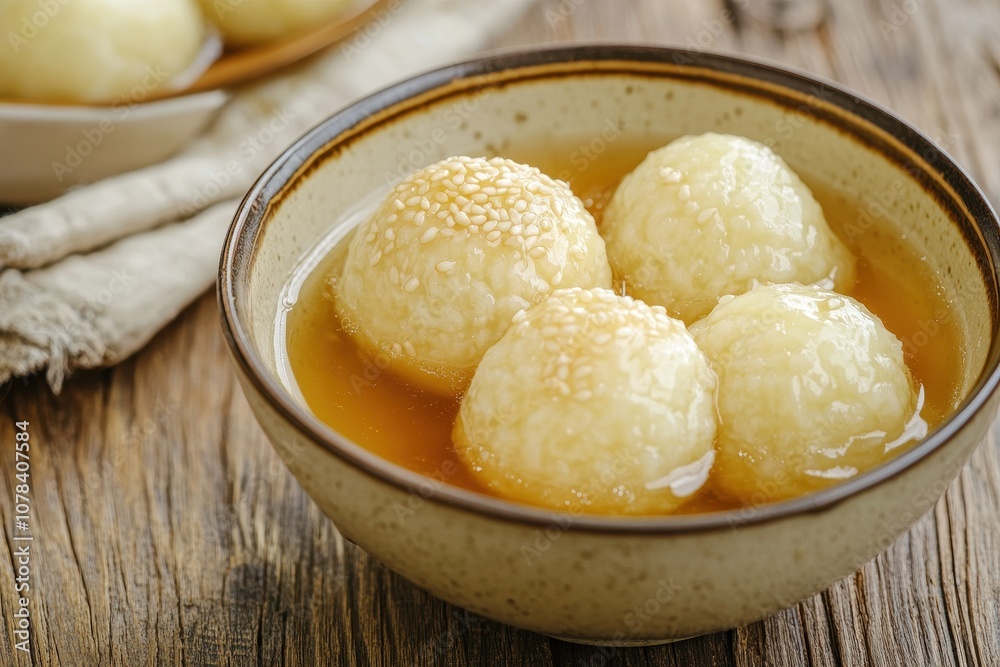 A bowl of large sesame glutinous rice dumplings in sweet syrup on a wooden table for the Winter solstice festival