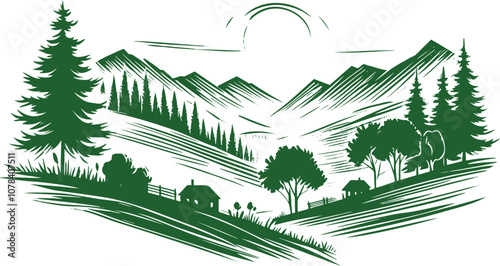 Illustration of natural landscape with mountains forest and rising sun silhouette drawing