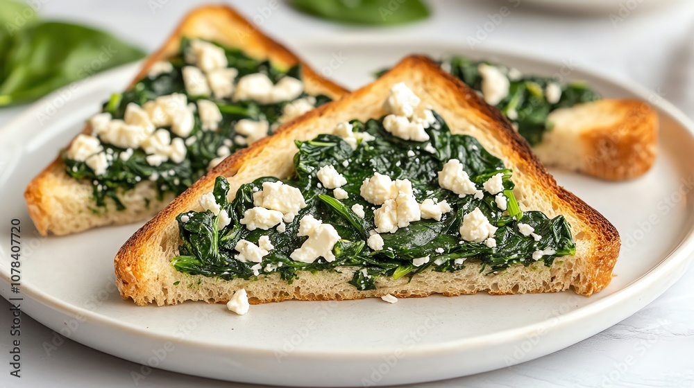 Two slices of toast topped with sauteed spinach and feta cheese on a white plate.
