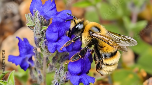 Macro shot of a common honeybee and a rare black bee collecting pollen on flowers, showcasing detailed textures and colors, ideal for nature and wildlife themes photo