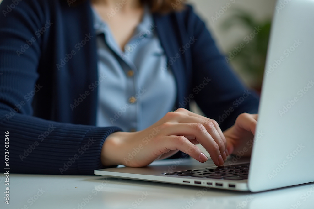 Close-up of the hands of a female dressed in a navy blue cardigan over a classic blouse typing on a laptop Close-up of the hands of a female dressed in a navy blue cardigan over a classic blouse typing on a laptop