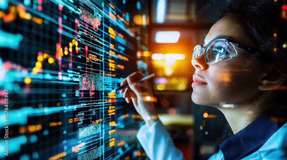 Scientist analyzes complex equations on digital display panel Scientist analyzes complex equations on digital display panel