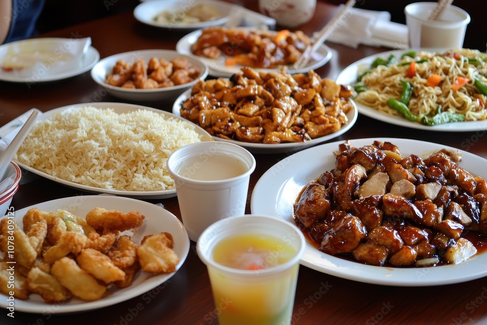 A diverse spread of Asian cuisine featuring noodles rice glazed meat and fried snacks accompanied by chopsticks and cups A lavish feast A diverse spread of Asian cuisine featuring noodles rice glazed meat and fried snacks accompanied by chopsticks and cups A lavish feast
