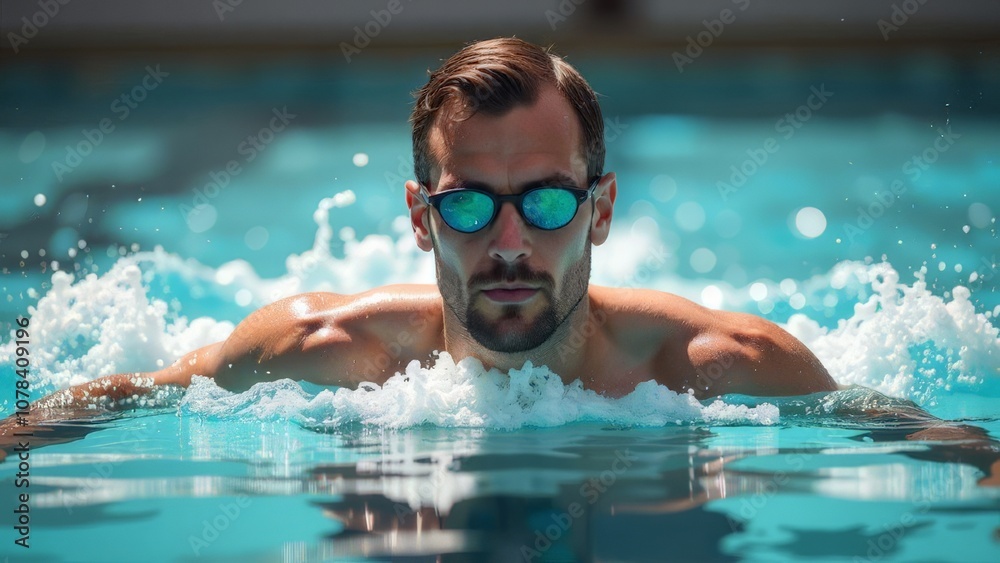 Naklejka premium A man in sunglasses swims in the pool.